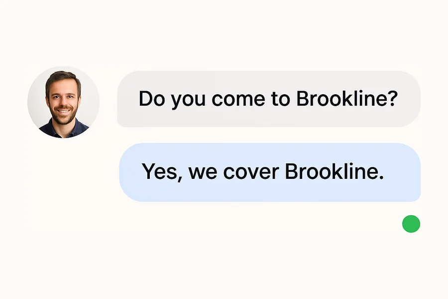 A caller asks if the business comes to Brookline, and LobbyStack replies that it does