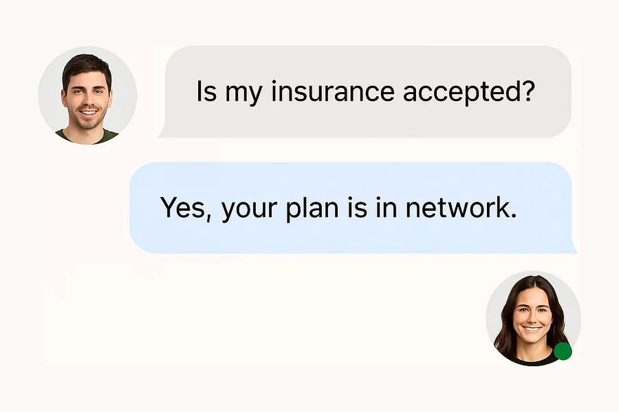 A patient asks about insurance, and LobbyStack replies that the plan is in network
