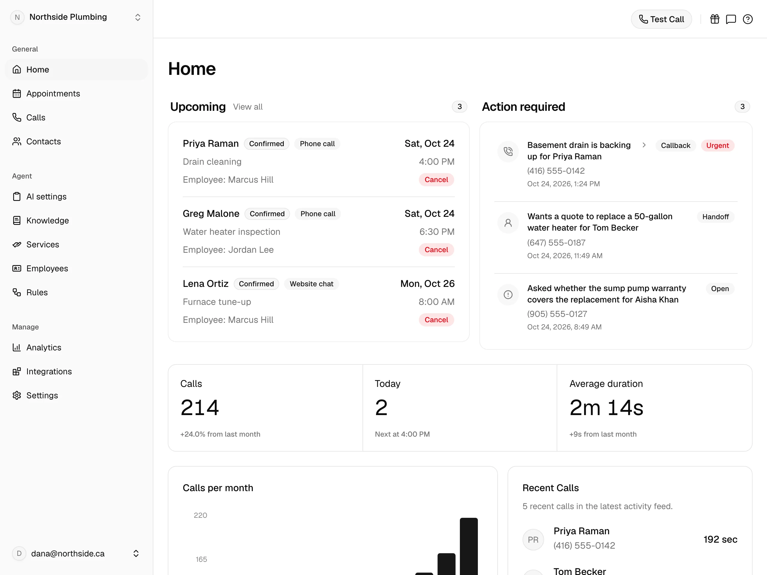 LobbyStack dashboard with call metrics, action required, upcoming appointments, and recent calls